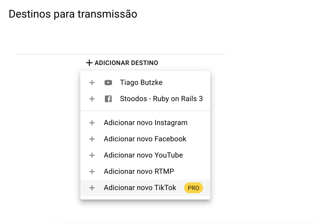 Menu do Live4.tv com a opção de adicionar TikTok para fazer live no TikTok pelo pc.