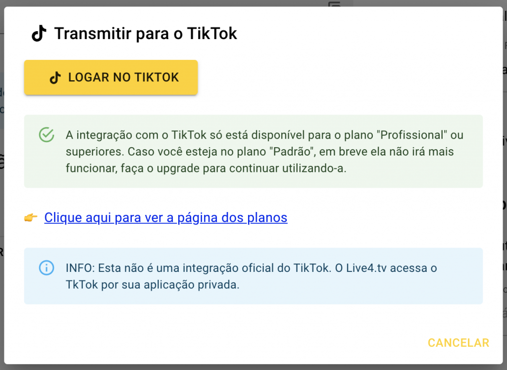 Janela de login do TikTok no aplicativo do Live4.tv para configurar a live pelo pc