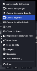 Menu de fontes do OBS com destaque para o item "Captura de janela"