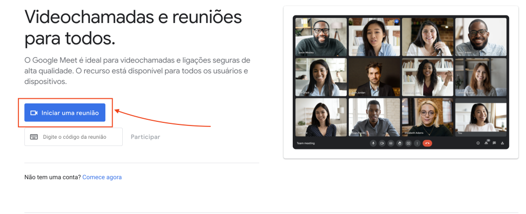 Imagem do website do google meet com o botão de "Iniciar uma reunião" destacado.