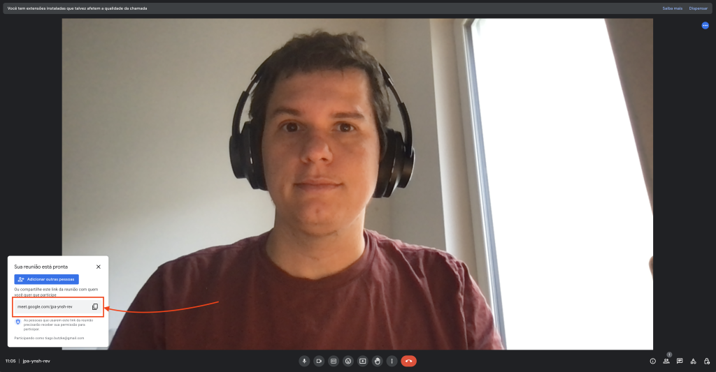 Printscreen da tela do Google Meet com destaque para o link para convidados.