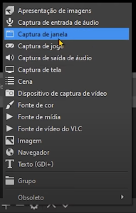 Foto do menu de fontes do OBS Studio com destaque para "Captura de janela"