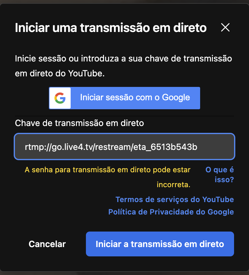 Imagem da janela de configuração da transmissão ao vivo no JITSI preenchido com os dados da transmissão do Live4.tv